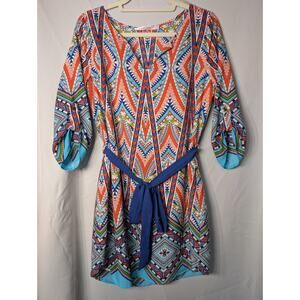 Carolina Williamson Geometric Print Belted Mini Dress Boho Southwest M((681)